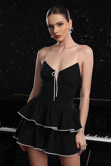 Black Tiered Spaghetti Straps A Line Cocktail Dress